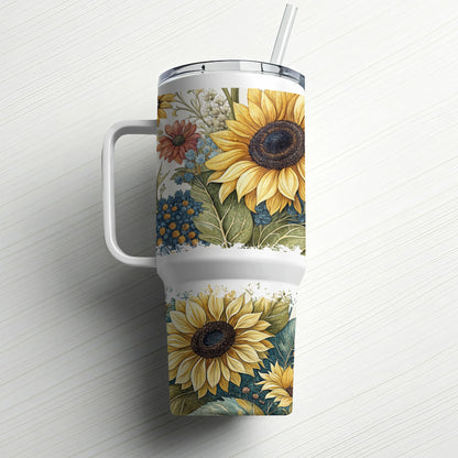 White tumbler with a detailed sunflower and floral watercolor print design.