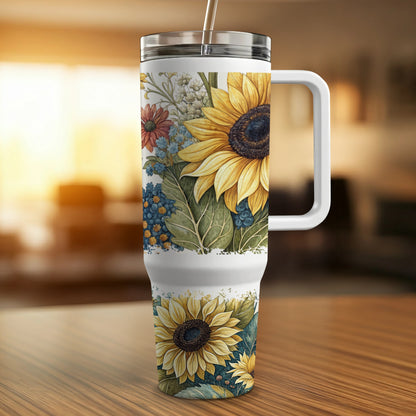 White tumbler with sunflowers and blue wildflowers, featuring a white handle and straw.