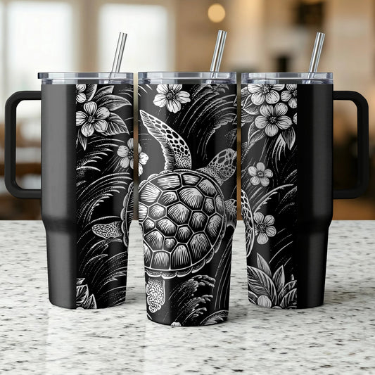 Insulated Tumbler Cups with Straw, Black Sea Turtle Design, Floral Pattern, 30 oz Stainless Steel Drinkware