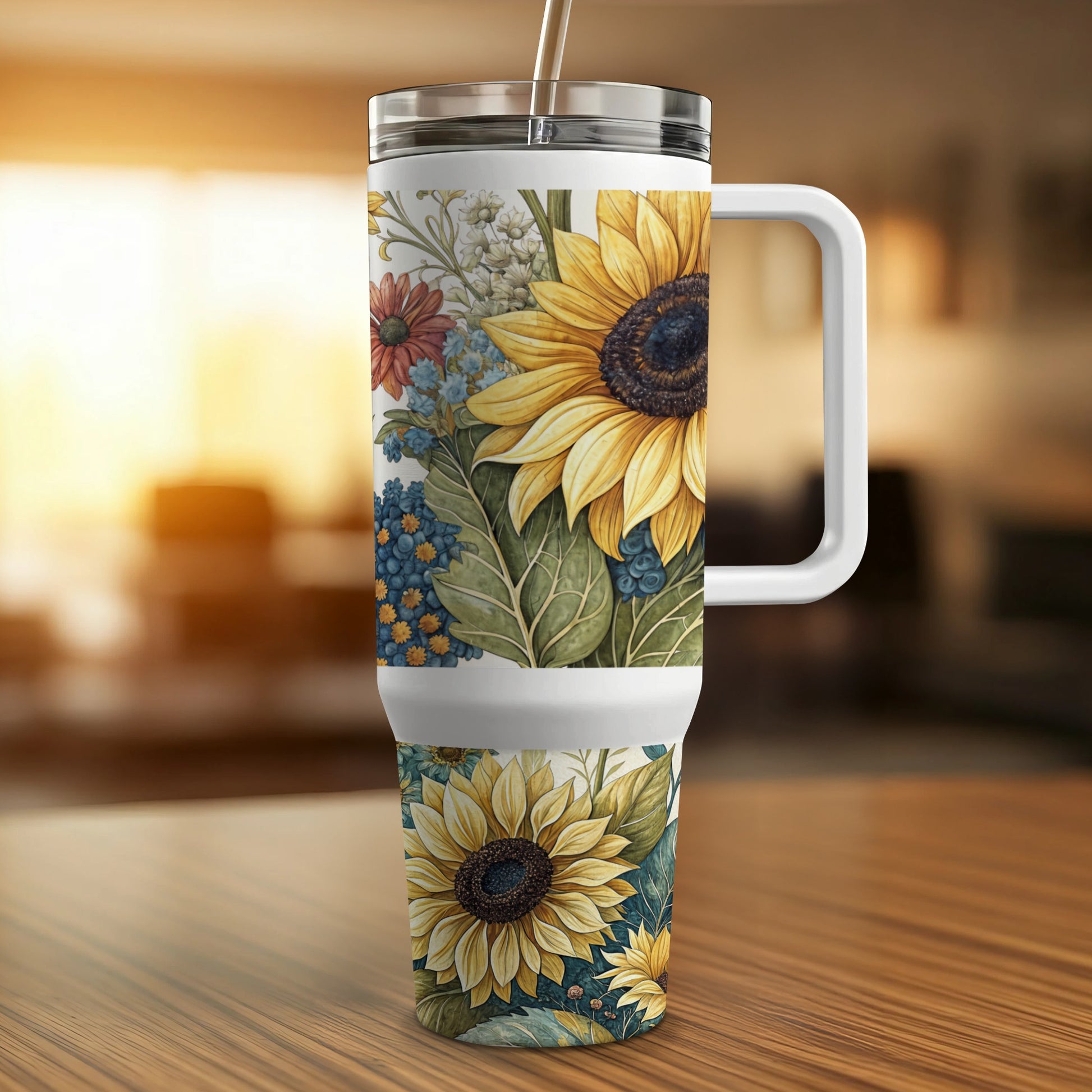 White travel mug with sunflower and floral pattern.
